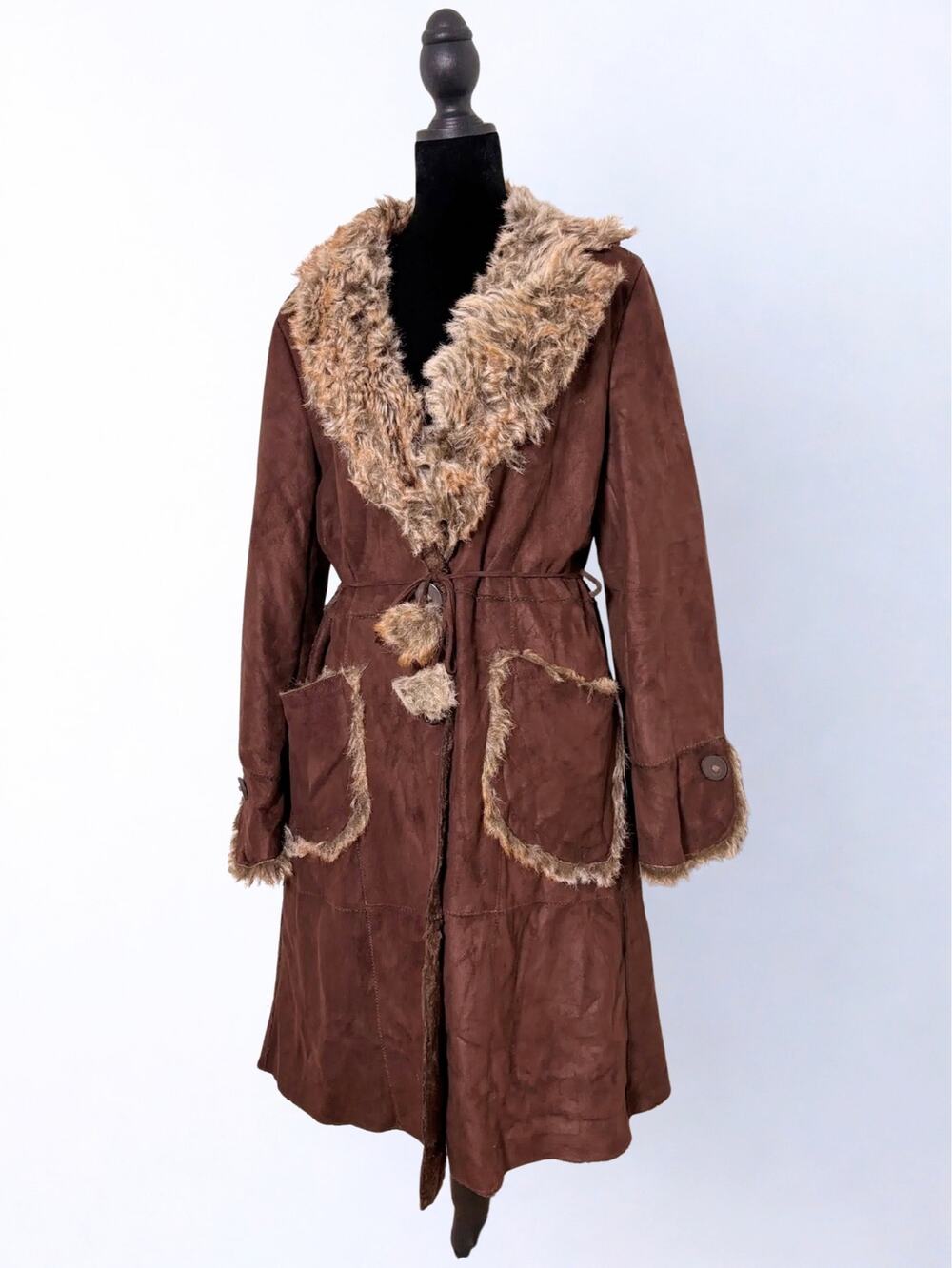 Y2K Brown Faux Fur Trimmed Pom Pom Tie Button Down Penny Lane Coat Size S-L